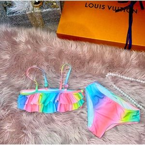 EUC Worn 2X Mia Belle Girls Boutique Neon Rainbow Two Piece Swim Sz M- 8